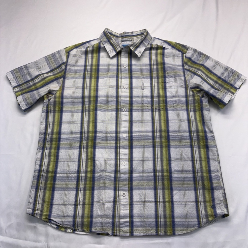 Columbia Shirt Men's XXL Blue/Green Plaid Seersucker Short Sleeve